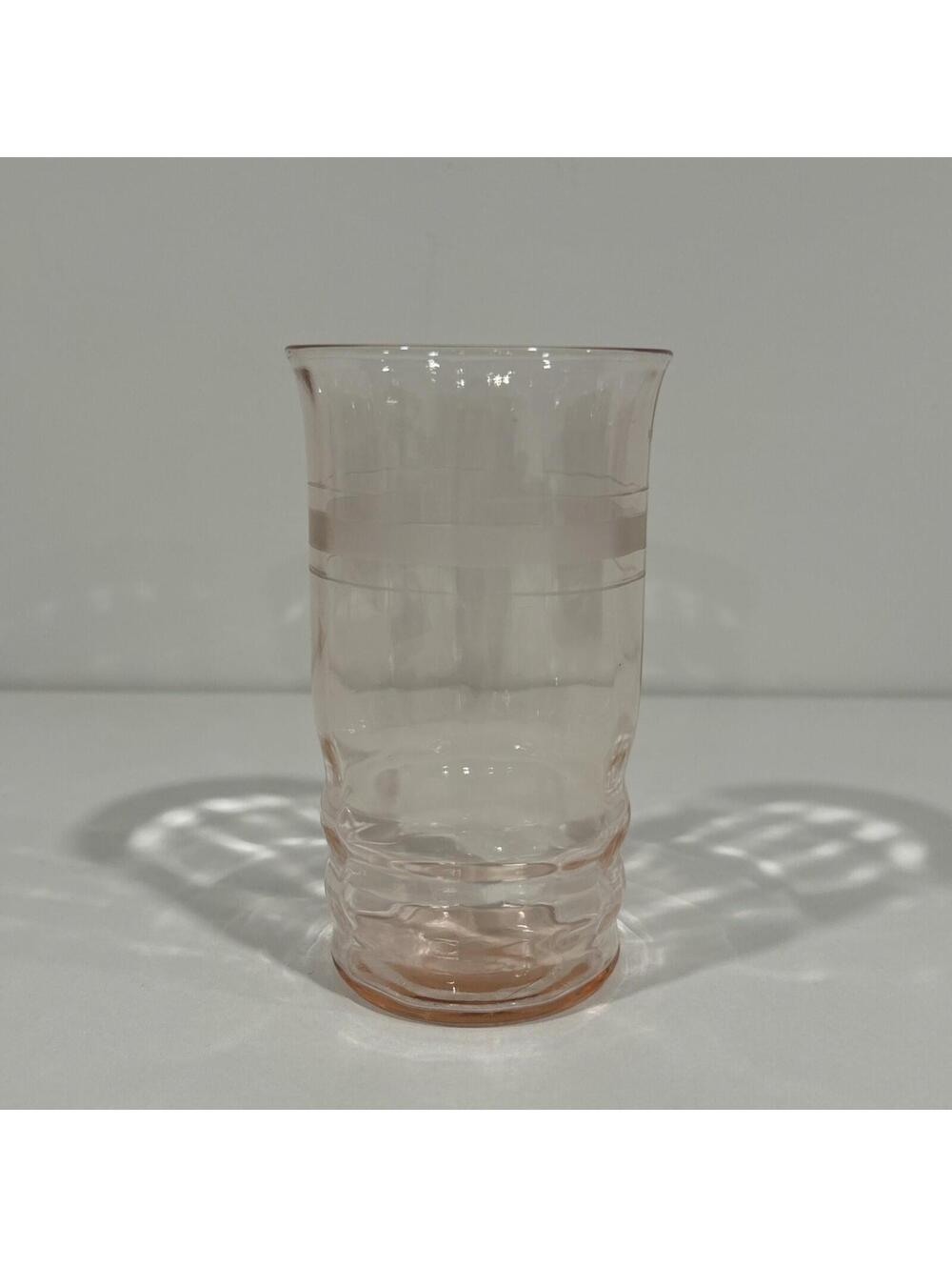 Set of Two Vintage Deco Anchor Hocking Glass Pink Water Tumbler Cut Bands c.1930